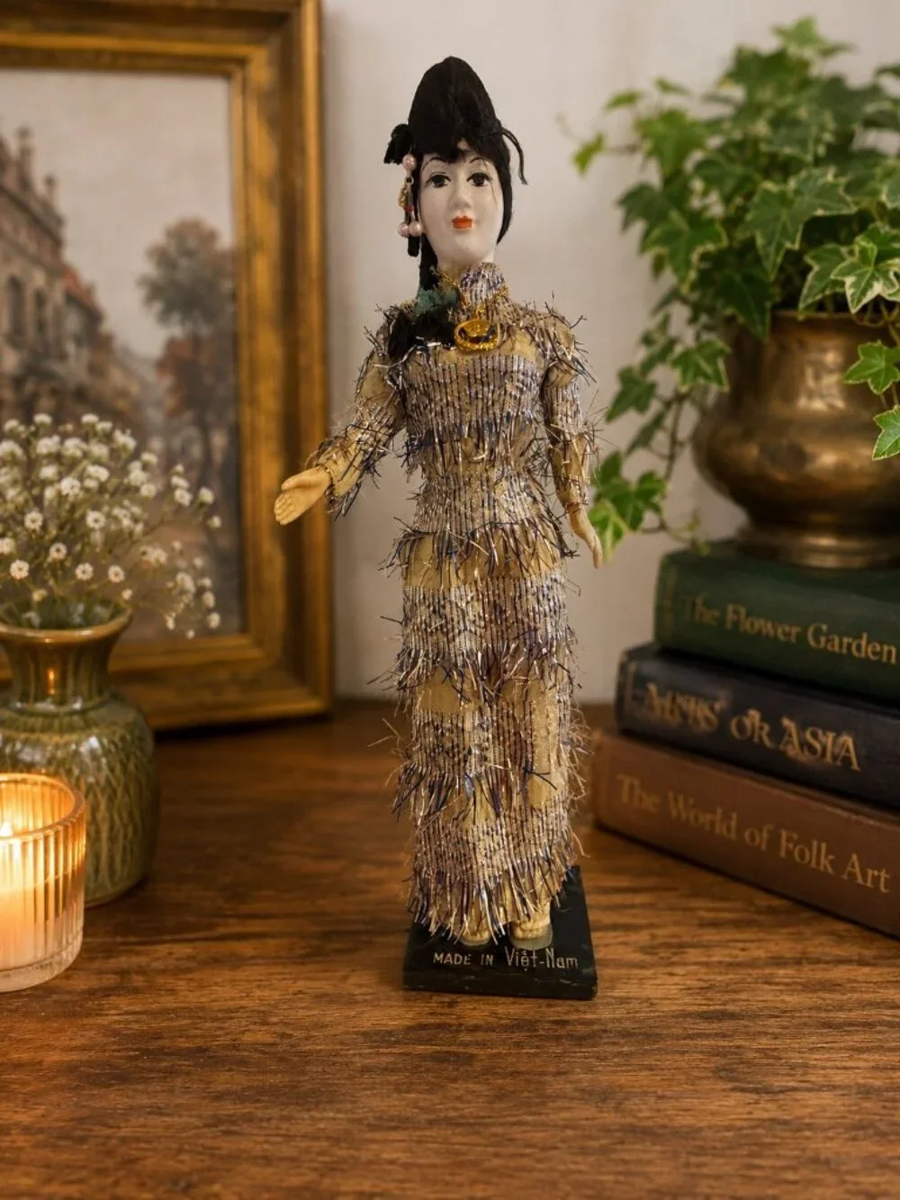 Vintage Vietnamese Woman Doll Handmade Ethnic Figurine Fringe Dress Made in Viet